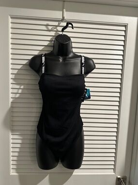 NWT Puma Black Ribbed one piece Swimsuit with Black & White Puma Straps.